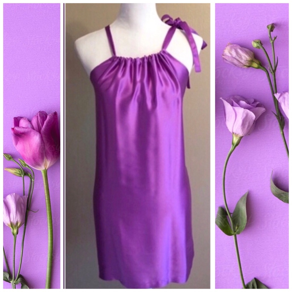 Purple 100% Silk Mini Dress w/halter tie, EUC, Sm